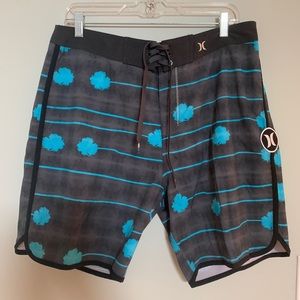 NWOT Hurley Grey/Blue Front Tie Board Shorts 34